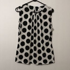 Calvin Klein Blouse Large Polka Dot Black White Pleated Front Back Button Top